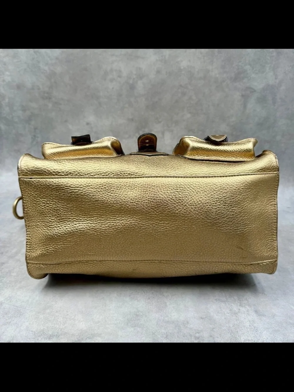 Mulberry Metallic Gold Leather Satchel with Buckle Pockets